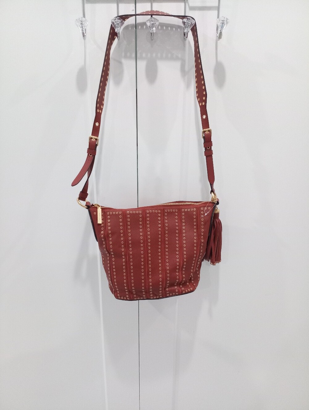 🙀✨Michael Kors Brooklyn Grommet Leather Medium Feed Bag Crossbody Brick Red ♥️